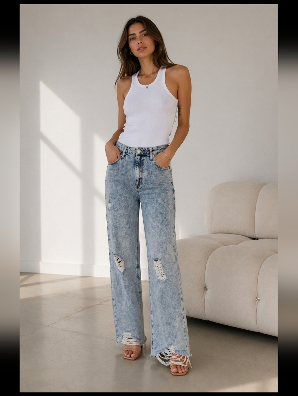 Avec Les Filles high rise distressed raw hem wide leg